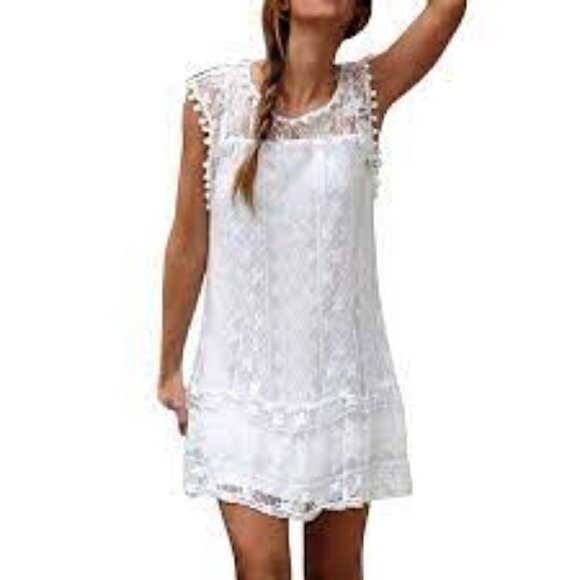 SI MAIER White Summer Boho Lace Overlay Pom Pom Sleeveless Mini Dress Size XL - Picture 1 of 15